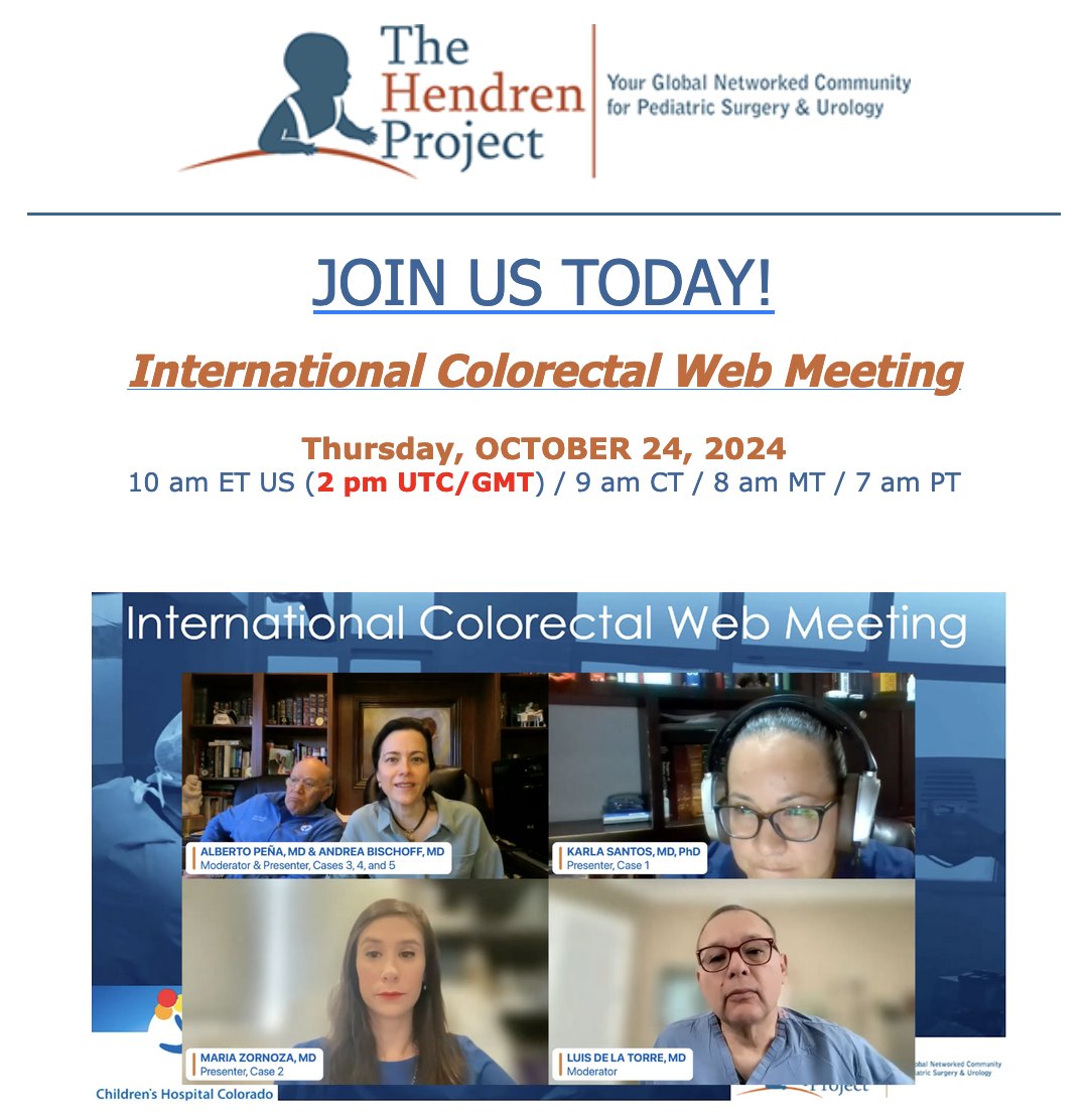 The Hendren Project (@hendrenproject) on Twitter photo JOIN US TODAY at 10 am ET US! Intl Colorectal Web Meeting <a href="/hendrenproject/">The Hendren Project</a>. Five challenging cases will be discussed. Moderated by Andrea Bischoff, MD; Alberto Peña, MD & Luis de la Torre, MD. Attend here: bit.ly/2ZAeydC #SoMe4PedSurg #pedsurg #gobalsurgery JOIN US TODAY at 10 am ET US! Intl Colorectal Web Meeting <a href="/hendrenproject/">The Hendren Project</a>. Five challenging cases will be discussed. Moderated by Andrea Bischoff, MD; Alberto Peña, MD & Luis de la Torre, MD. Attend here: bit.ly/2ZAeydC #SoMe4PedSurg #pedsurg #gobalsurgery
