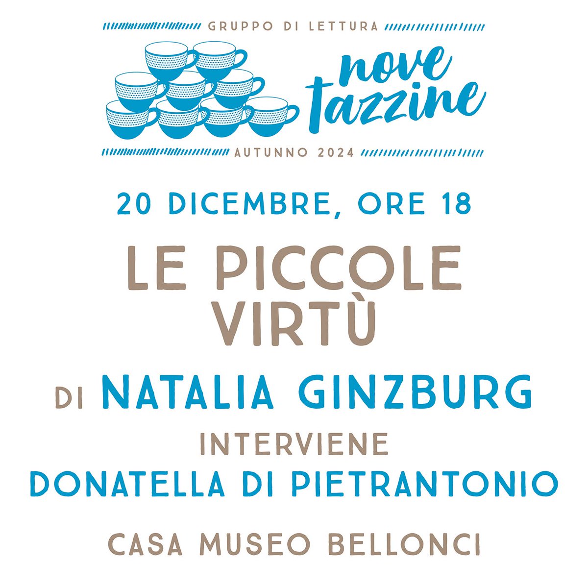 Torna il gruppo di lettura #NoveTazzine! 

Scopri il programma e partecipa acquistando il carnet di ingressi sul nostro sito, sono disponibili 25 posti per ciascun incontro: fondazionebellonci.it/gruppi-di-lett…