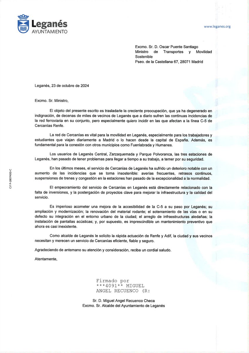 AytoLeganes's tweet image. ➡️ El alcalde @marecuencopp envía una carta al ministro de Transportes @oscar_puente_ solicitando mejoras urgentes en la C-5 de Cercanías a su paso por #Leganés
📄 “El empeoramiento del servicio está directamente relacionado con la falta de inversiones”
📲acortar.link/QjVi2h