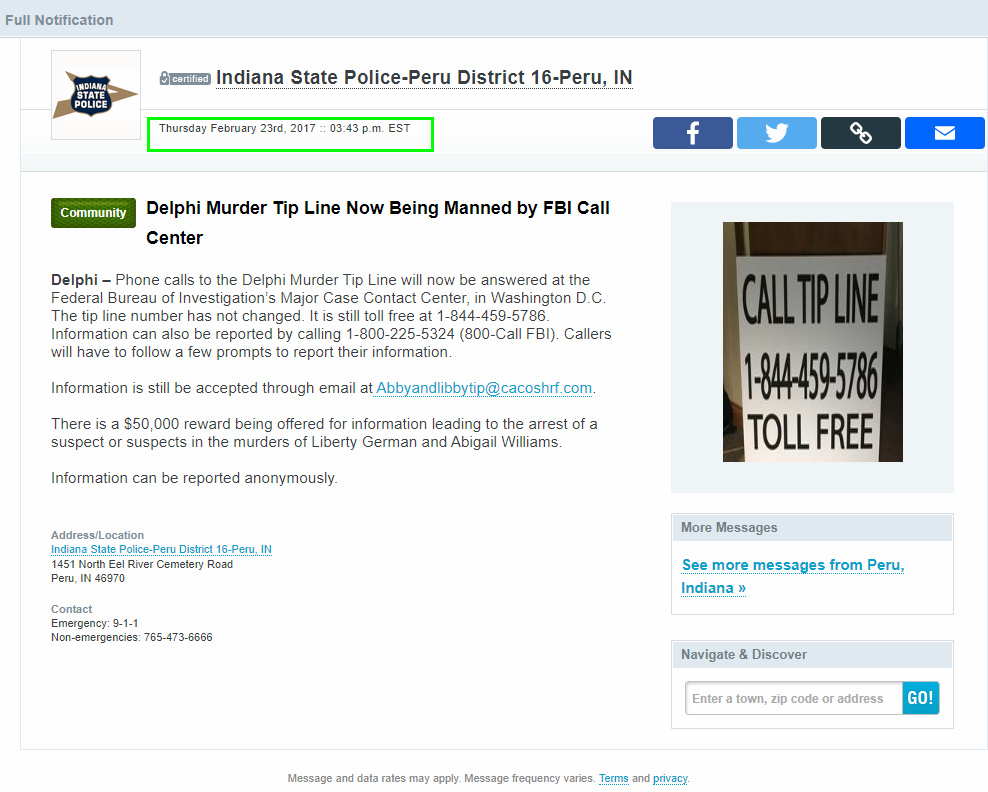 MattBlacInc's tweet image. #RichardAllen #DelphiArchives #DelphiMurders

#FBI involvement | @FBI, Delphi murder tip line now being manned by FBI call center. Phone calls to the murder tip line will now be answered at the Federal Bureau of Investigation’s Major Case Contact Center, in Washington D.C. The…
