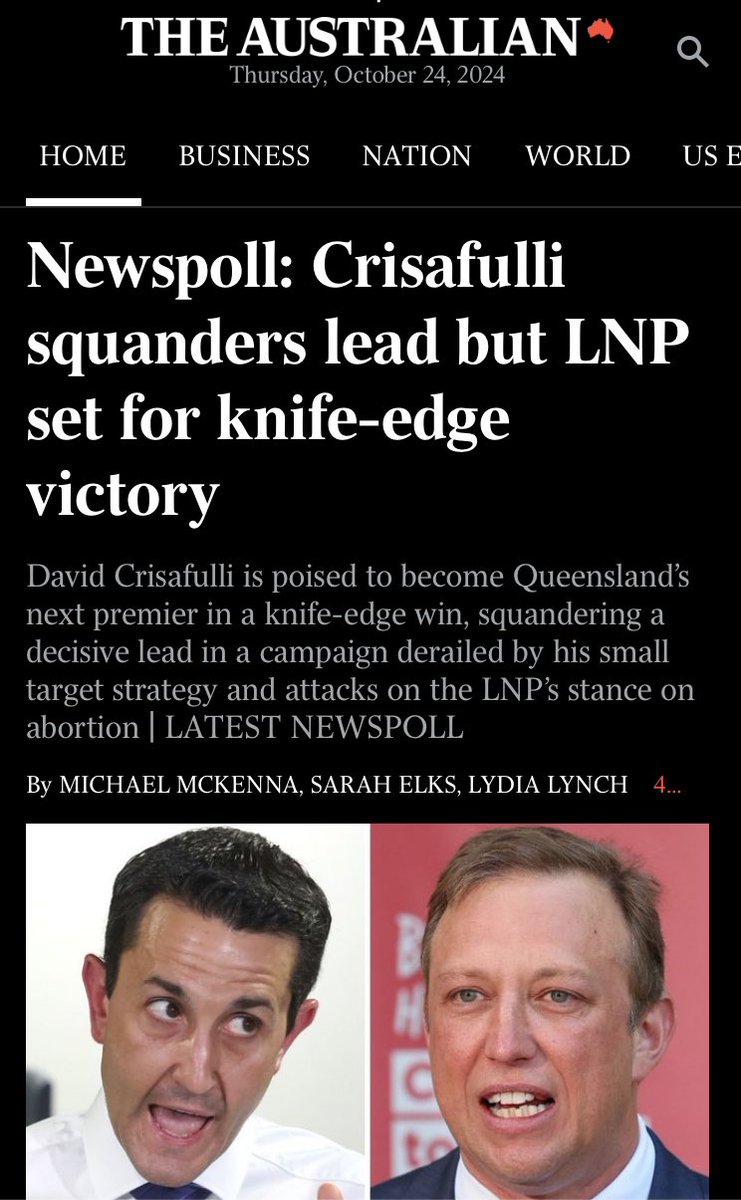 Sarah Elks (@sarahelksqld) on Twitter photo Exclusive Qld Newspoll. There’ll be a change of government but <a href="/DavidCrisafulli/">David Crisafulli</a> has squandered his lead and could even be forced into a minority deal with the Katters. Very interesting
numbers, <a href="/australian/">The Australian</a>
#qldpol #auspol <a href="/McKennaattheOz/">Michael McKenna</a> <a href="/LydiaLynch101/">Lydia Lynch</a>
theaustralian.com.au/nation/politic… Exclusive Qld Newspoll. There’ll be a change of government but <a href="/DavidCrisafulli/">David Crisafulli</a> has squandered his lead and could even be forced into a minority deal with the Katters. Very interesting
numbers, <a href="/australian/">The Australian</a>
#qldpol #auspol <a href="/McKennaattheOz/">Michael McKenna</a> <a href="/LydiaLynch101/">Lydia Lynch</a>
theaustralian.com.au/nation/politic…
