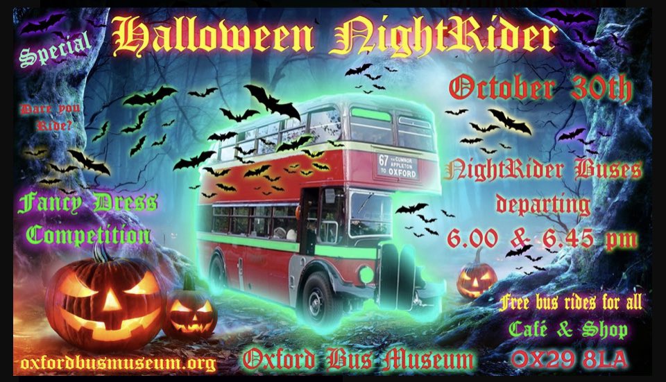 🎃 Only a few days left! No pre booking needed - just turn up at Oxford Bus Museum this Sunday 27th October and Wednesday 30th October for spooky bus rides, owl displays, pumpkin and costume contests, and family fun 🎃

📸 Will Aron