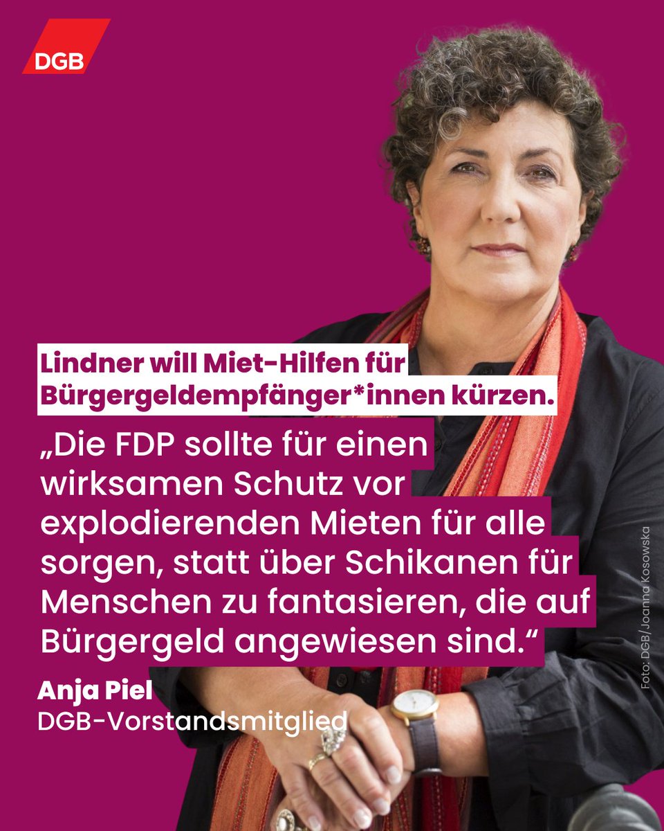 Populistische Angriffe auf den #Sozialstaat werden die <a href="/fdp/">FDP</a> nicht über die Fünf-Prozent-Hürde heben. Kommunen erstatten aus gutem Grund die tatsächlichen Wohnkosten für Bürgergeldempfänger*innen und setzen dafür örtliche Obergrenzen, so unsere DGB-Vorständin <a href="/Anja_Piel/">Anja Piel</a>:
