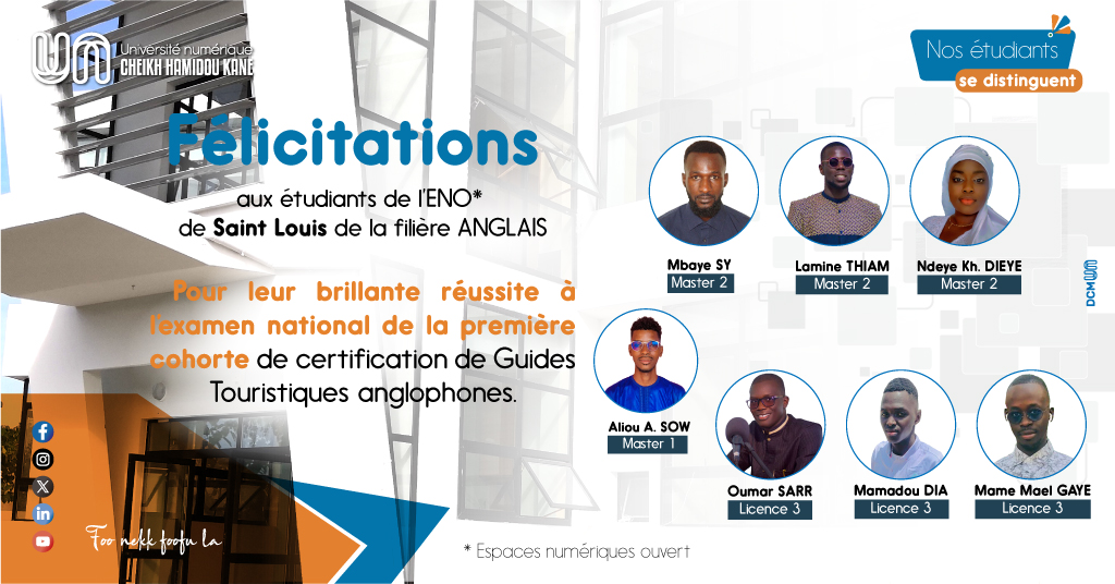 [#FiertéEtudiante] - 👏🏾Bravo à nos étudiants de la #formation #ANGLAIS

Les étudiants de notre formation ANGLAIS de l'ENO de Saint-Louis, se sont brillamment distingués lors de l'examen national de la 1e cohorte de certification des guides touristiques anglophones.

#UNCHK_Sn