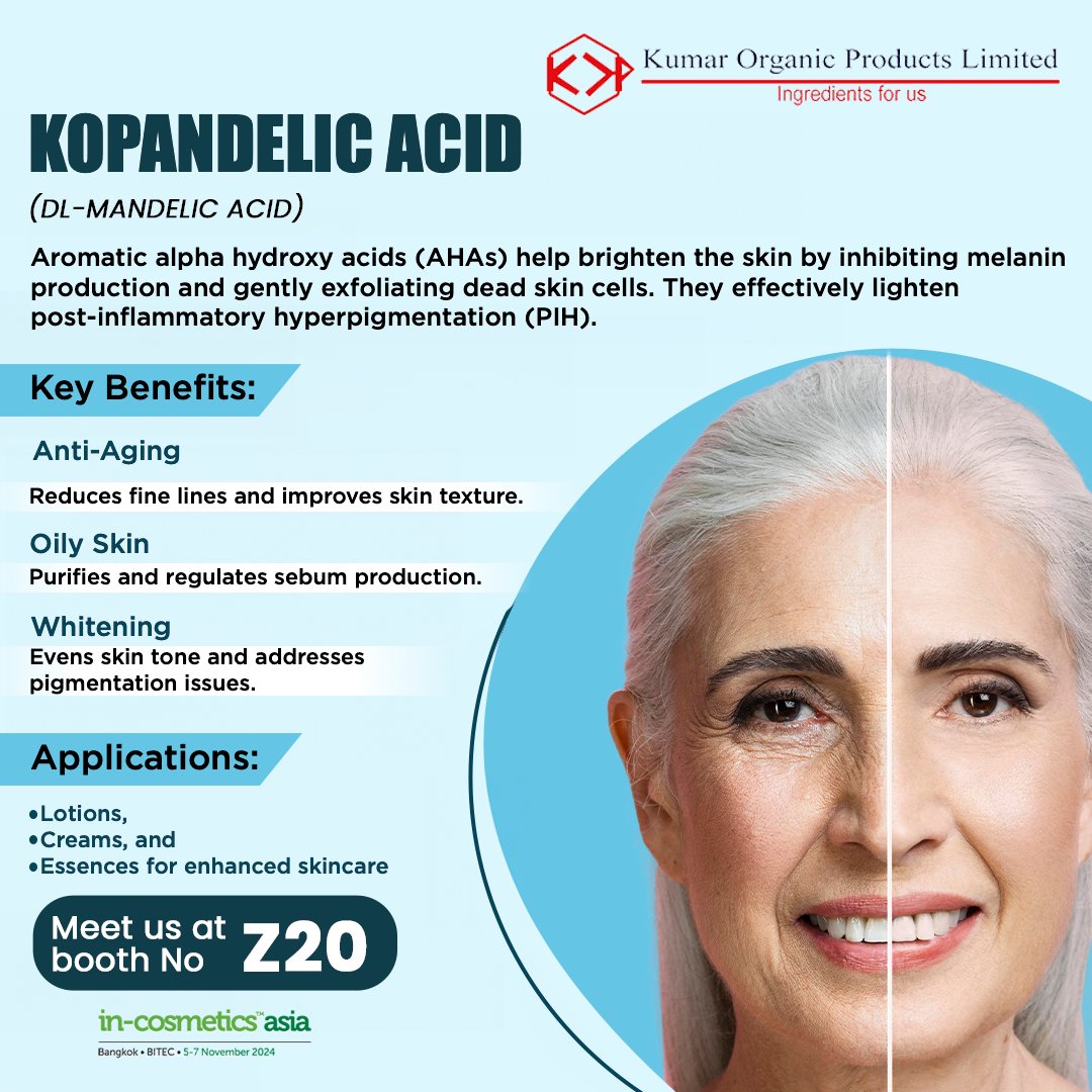 KumarOrganic's tweet photo. Want brighter, smoother skin? Discover Kopandelic Acid (DL-Mandelic Acid) – perfect for reducing pigmentation &amp; fine lines while balancing oil. Visit us at Booth Z20 at in-cosmetics Asia 2024!

More info: https://t.co/qv0CSKxFWg
#skincare #AntiAging #InCosmeticsAsia #KOPL https://t.co/dhncW2kJKb