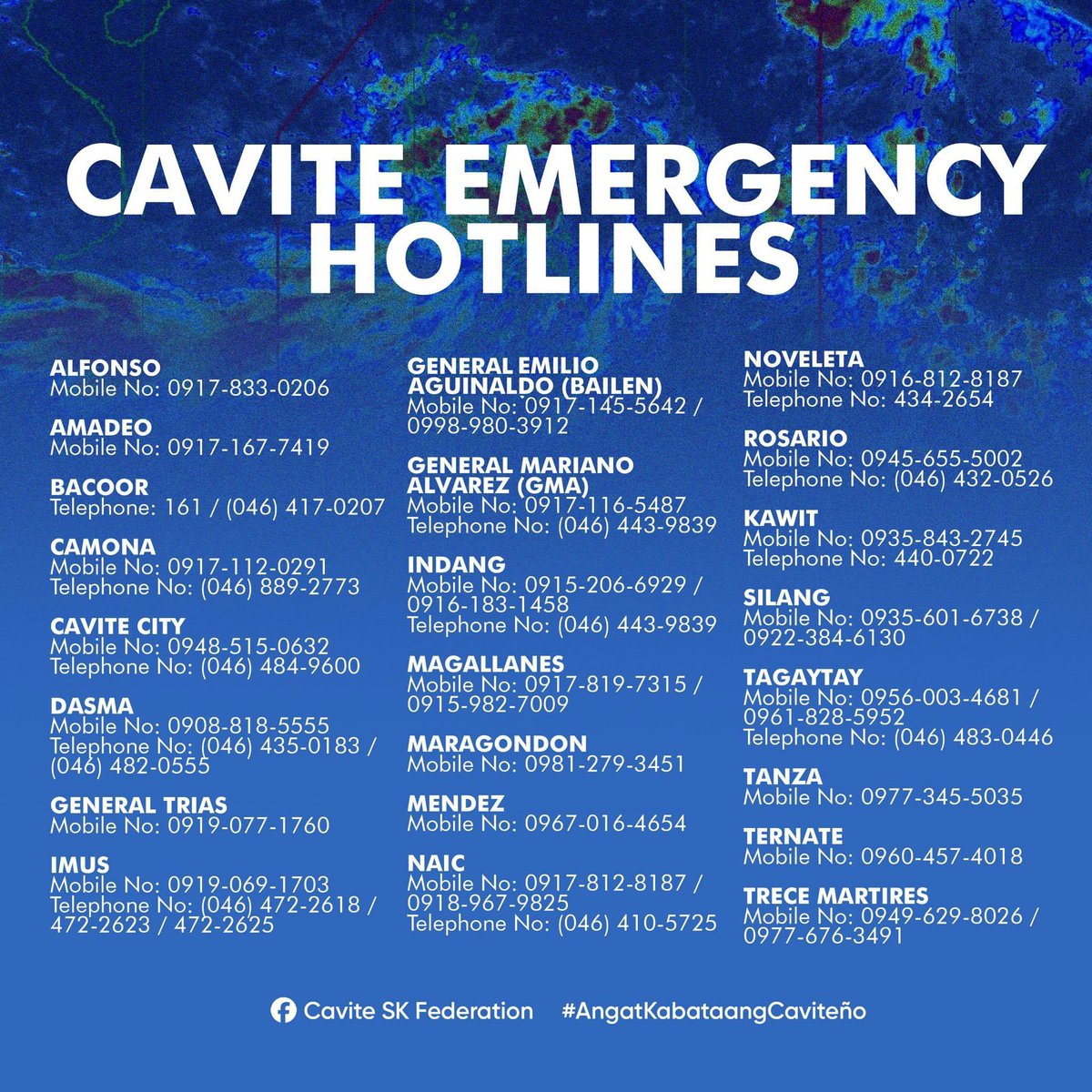 yellowcaardd's tweet photo. ‼️CAVITE EMERGENCY HOTLINES ‼️

Important note: Please share and retweet posts related to #KristinePH such as emergency hotlines, evacuation centers, and requests for assistance, and rescue. https://t.co/24QwB969ey