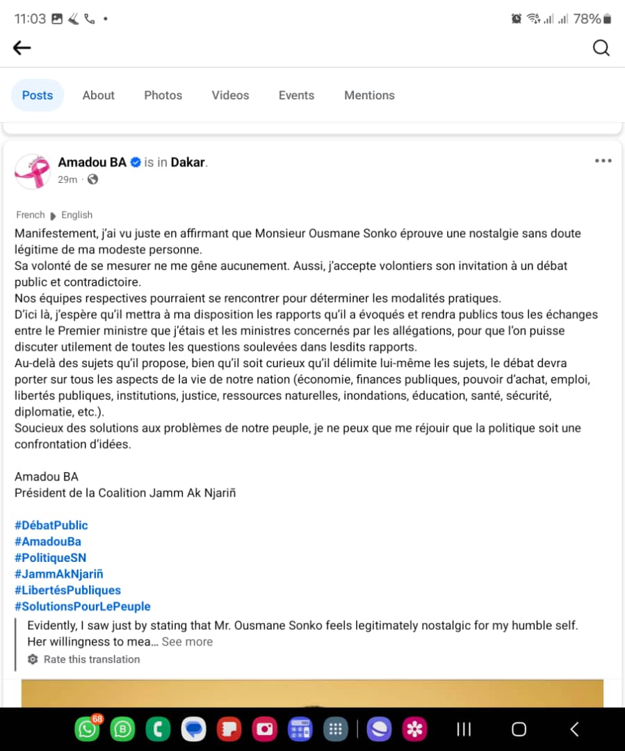 MadiambalD's tweet photo. Désormais que personne ne cherche un quelconque alibi pour se debiner du débat. Amadou Ba est prêt. C'est Ousmane Sonko qui a lancé le défi, qu'il vienne alors et je vous garantis que "dina xumb te dagan" ( ça va charrier).  Amoul delo avance nak. https://t.co/8QSQlF5oeI