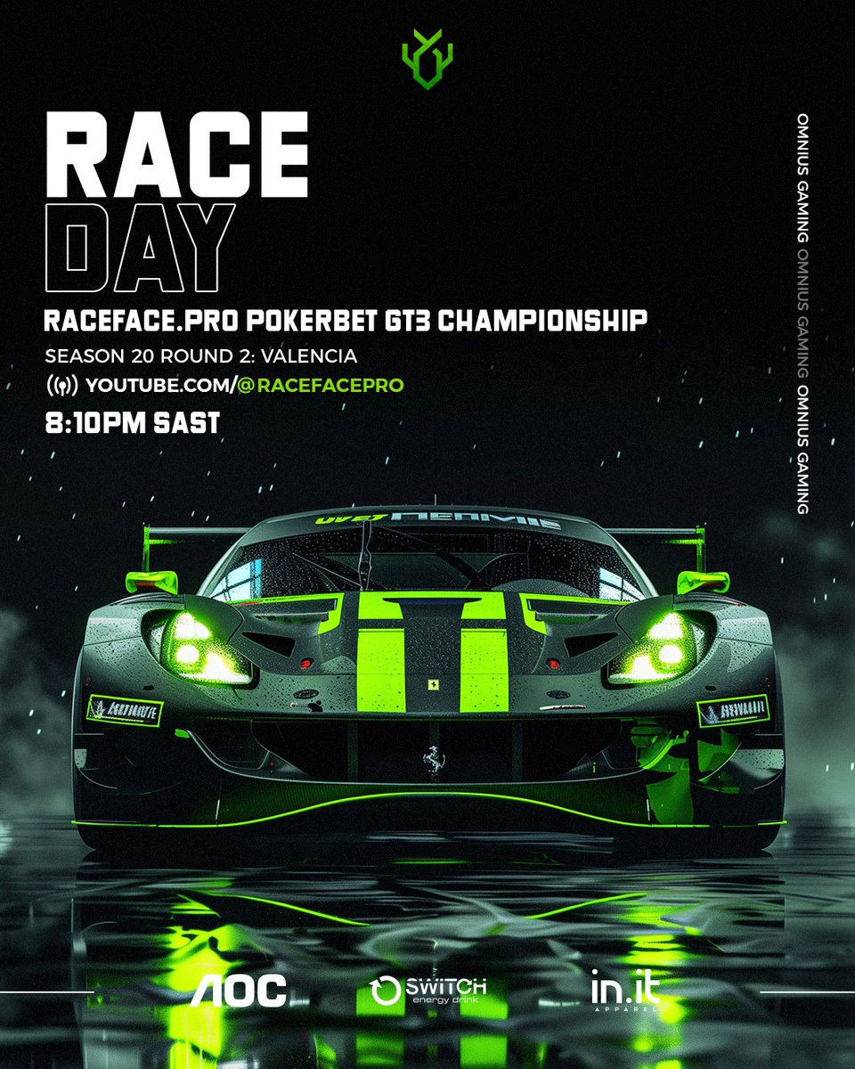 Omnius Gaming (@omnius_gaming) on Twitter photo They did it last night, but they're back to do it again!
Our ACC drivers ramp up the heat for Round 2 of the <a href="/RaceFacePro/">RaceFace.Pro</a> GT3 Championship at Valencia!
Catch all the action live! 8:10PM SAST
Live: youtube.com/racefacepro
Lets show the boys in green some support!
#Omnius They did it last night, but they're back to do it again!
Our ACC drivers ramp up the heat for Round 2 of the <a href="/RaceFacePro/">RaceFace.Pro</a> GT3 Championship at Valencia!
Catch all the action live! 8:10PM SAST
Live: youtube.com/racefacepro
Lets show the boys in green some support!
#Omnius