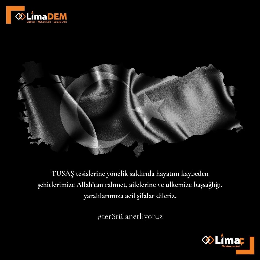 LimacElektro's tweet photo. TUSAŞ tesislerine yönelik saldırıda hayatını kaybeden şehitlerimize rahmet, ailelerine başsağlığı, yaralılara acil şifalar dileriz.

#TerörüLanetliyoruz #ŞehitlerimizeRahmet #BaşımızSağOlsun https://t.co/THDzUJdf5U