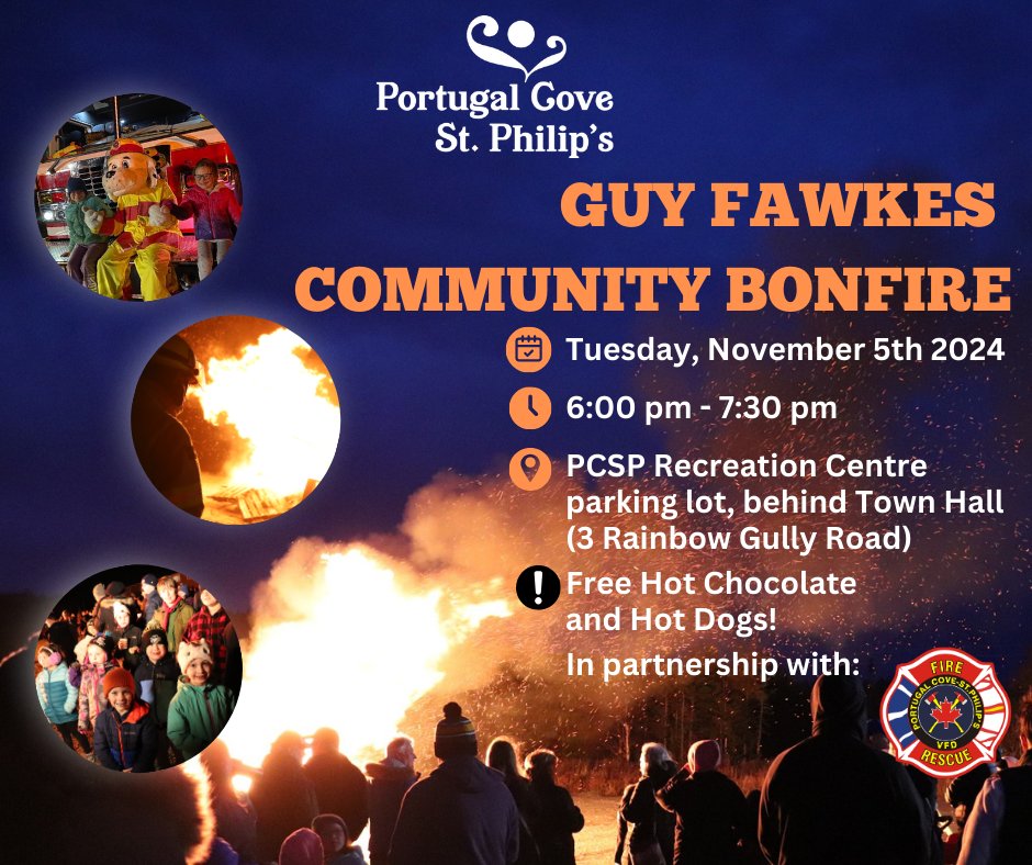 Join us for Guy Fawkes Bonfire Night! 🔥
📅 Nov 5 | ⏰ 6-7:30 PM
📍 PCSP Rec Centre, 3 Rainbow Gully Rd

Enjoy FREE hot chocolate &amp; hot dogs 🌭☕ Bring your friends &amp; bundle up! More info here ➡️pcsp.ca/article/join-u…