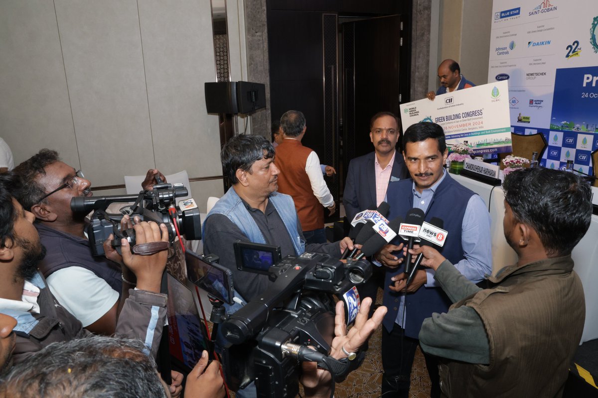 IGBConline's tweet photo. Today, the Green Building Congress 2024 press conference in Bengaluru had 20+ media outlets cover our path to a greener, Net Zero India! 🌱 

#GreenBuildingCongress2024 #NetZeroGoals #BuildGreen #Bangalore #LatestUpdates #igbc #cii #TrendingNews https://t.co/7MCsRBHlFQ