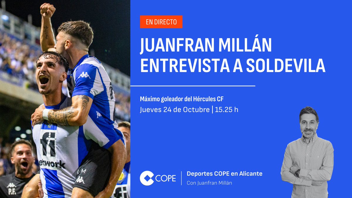 🔊 No te pierdas hoy DEPORTES COPE

⌚️ A partir de las 15.25 horas <a href="/jfmillancope/">Juanfran  Millán</a> entrevista a la estrella del #HérculesCF, @Oriolsolde18 

🎧 Conocemos de cerca al delantero catalán, que puede reaparecer este sábado ante el Atlético B

📻📱 Síguela en ⤵️ cope.es/emisoras/comun…