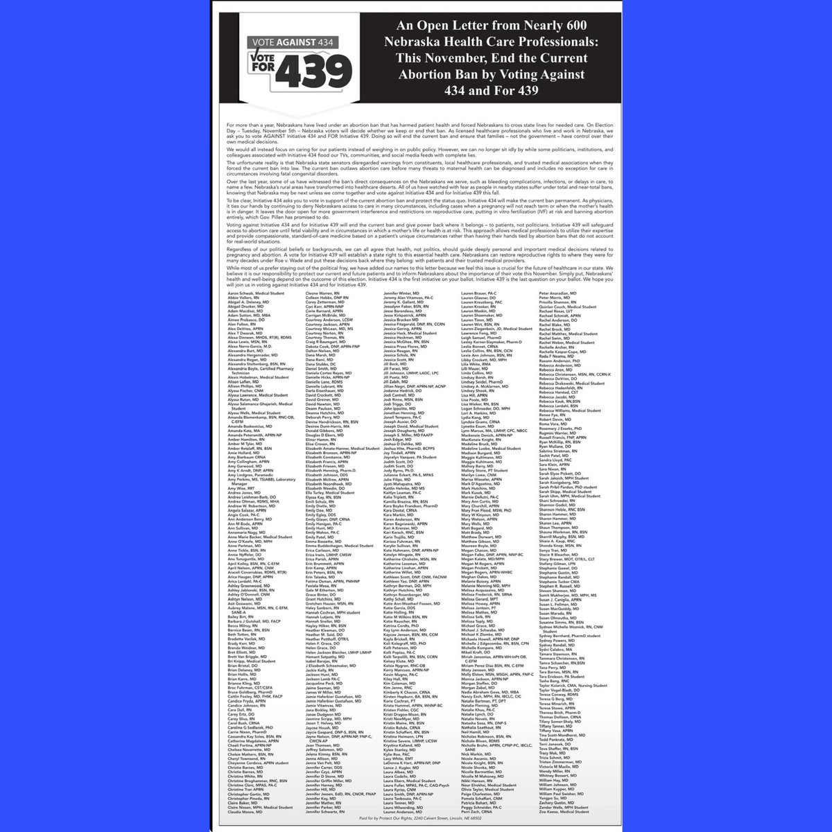 Nebraska healthcare workers support initiative 439! 439 will amend the state constitution to establish a right to abortion until fetal viability. 
Vote AGAINST 434 and FOR 439 to keep the government out of our private healthcare decisions. 

omaha.com/eedition/sunri…