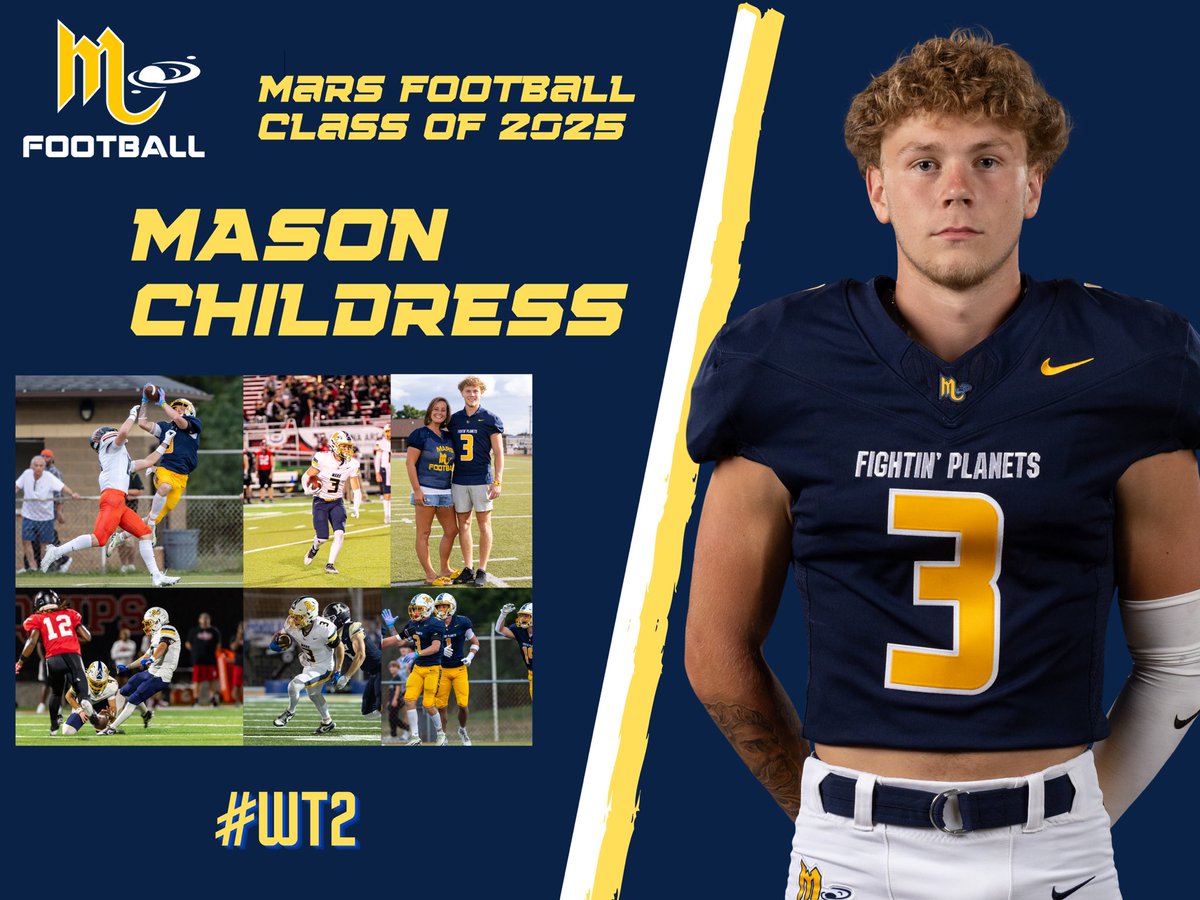 Mars HS Football (@marshsfootball) on Twitter photo Our Senior Spotlight now shines on <a href="/Mason_chil/">Mason Childress</a> We sure got a kick out of watching you play…speaking of kicks. Mason holds the record for longest made FG in Mars history. Congrats on a great career! Best wishes on the next step.
#WT2 👽🏈💪 Our Senior Spotlight now shines on <a href="/Mason_chil/">Mason Childress</a> We sure got a kick out of watching you play…speaking of kicks. Mason holds the record for longest made FG in Mars history. Congrats on a great career! Best wishes on the next step.
#WT2 👽🏈💪