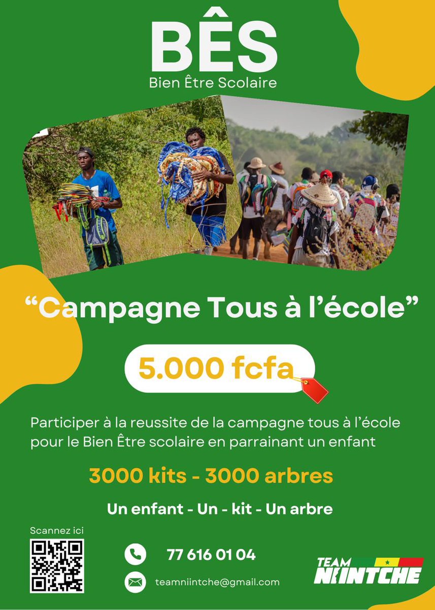 Chaque année depuis 3 ans la <a href="/TeamNiintche/">TEAM Bien Être Scolaire (BÊS)</a> scolarise des enfants à travers sa tournée scolaire Tous à l’école. 3000 enfants nous attendent cette année. Soutenez la campagne en faisant un don symbolique c’est ici 👇🏼👇🏼
Une citoyenneté active au service des communautés 
#Deurkiss