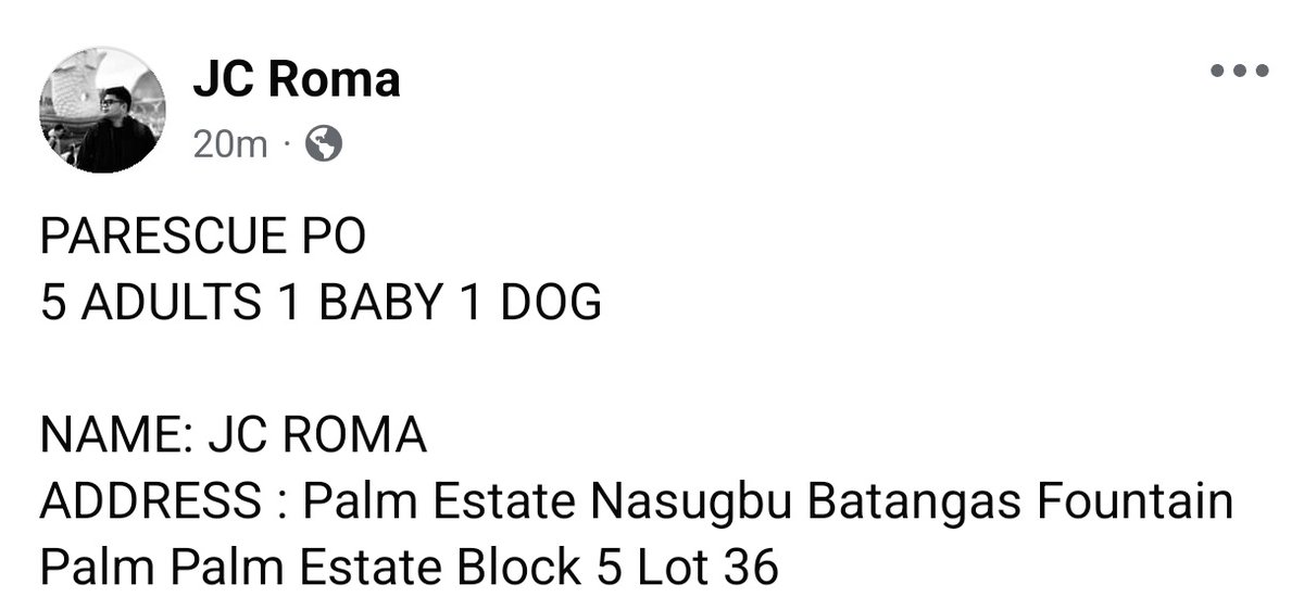 SB19_ATINBatsPH's tweet image. 🚨 RESCUE ALERT

NAME: JC ROMA
ADDRESS : Palm Estate Nasugbu Batangas Fountain Palm Palm Estate Block 5 Lot 36

facebook.com/share/v/SKLKK4…

#BatangasNeedsHelp #KristinePH