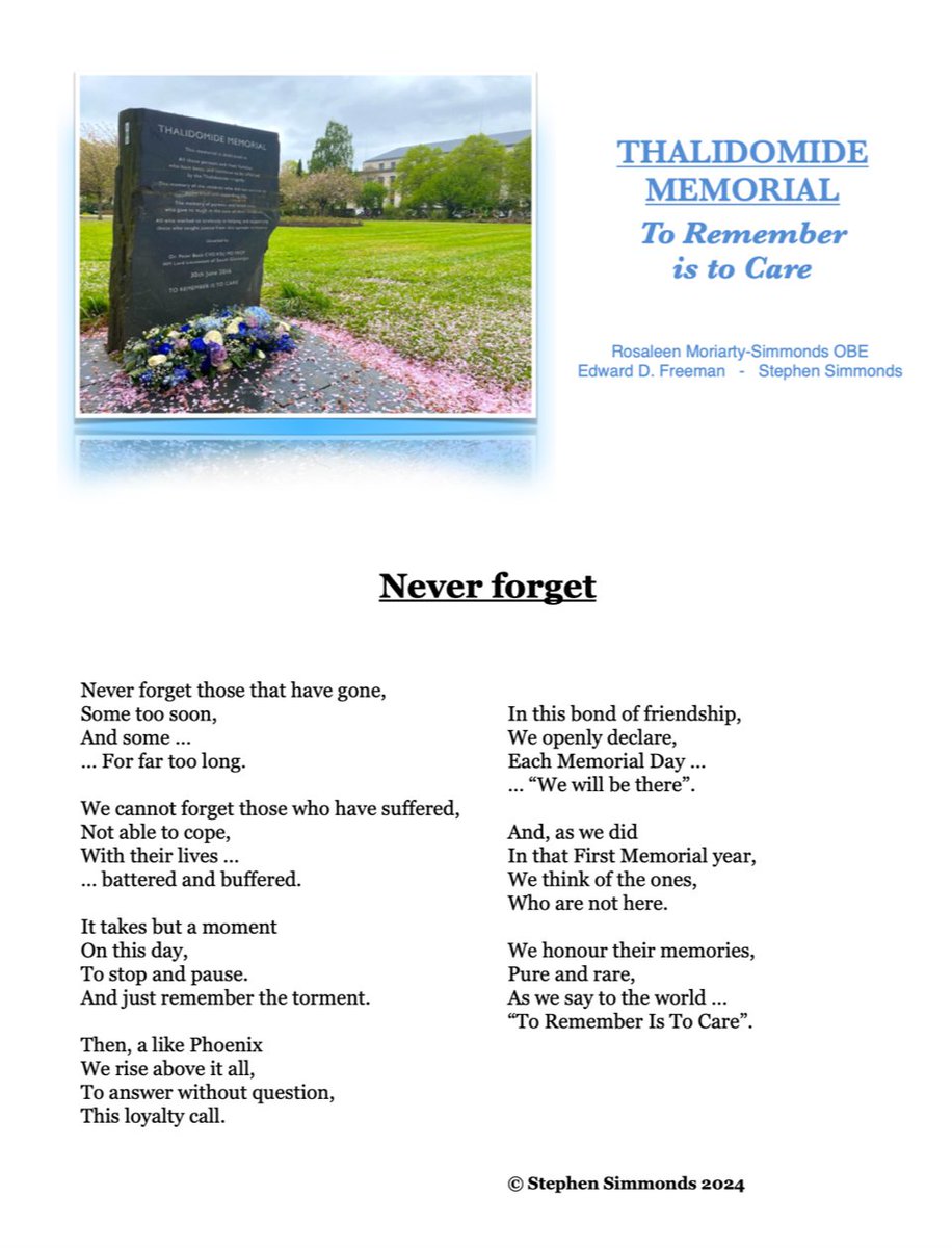 The blip with this account is now fixed so finally able to post this. Thalidomide Memorial Day 30th June 2024, 8th Anniversary of Dedication of the Thalidomide Memorial. Flowers laid, 2024 Roll Call, this year's Memorial poem. #ToRememberIsToCare #ThalidomideMemorialDay30thJune