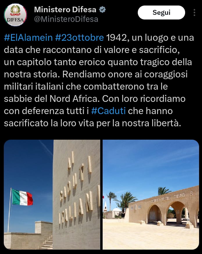 Un Ponte Per (@unponteper) on Twitter photo Siamo indignati che l'esercito della Repubblica rivendichi come "combattenti per la libertà" i soldati dell'Esercito Regio morti a #ElAlamein. Erano giovani mandati a morire, vittime della retorica nazionalista in una guerra fascista. Il <a href="/MinisteroDifesa/">Ministero Difesa</a> dovrebbe revocare il post Siamo indignati che l'esercito della Repubblica rivendichi come "combattenti per la libertà" i soldati dell'Esercito Regio morti a #ElAlamein. Erano giovani mandati a morire, vittime della retorica nazionalista in una guerra fascista. Il <a href="/MinisteroDifesa/">Ministero Difesa</a> dovrebbe revocare il post