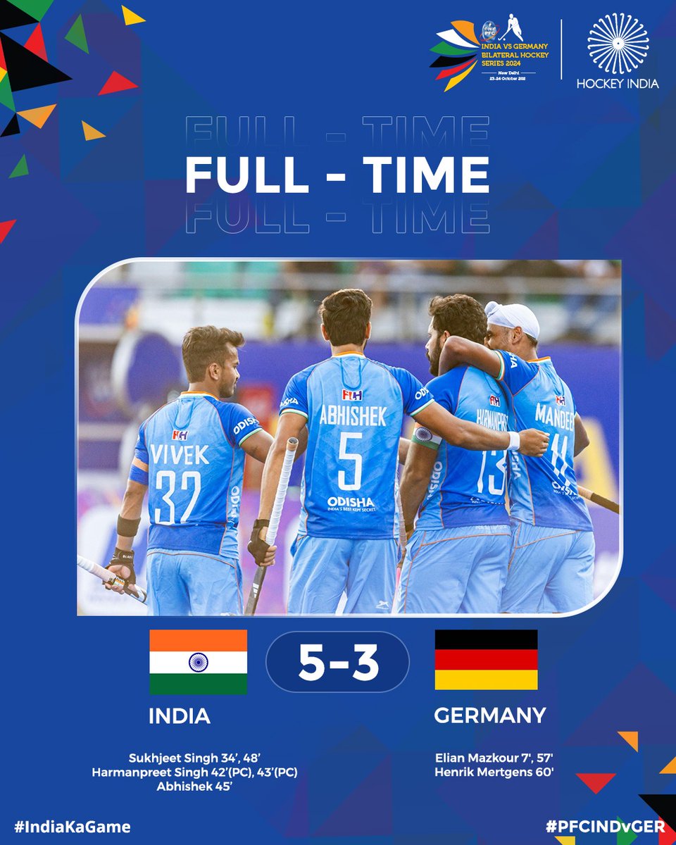 Hockey India (@thehockeyindia) on Twitter photo FULL TIME!
India completes a stunning second-half turnaround, dominating Germany with a 5-2 win after trailing at halftime. Goals from Sukhjeet, Harmanpreet, and Abhishek seal the deal! 🏑🔥
#PFCINDvGER #IndiaKaGame #HockeyIndia
.
.
.
<a href="/CMO_Odisha/">CMO Odisha</a>
<a href="/IndiaSports/">Dept of Sports MYAS</a>
<a href="/Media_SAI/">SAI Media</a> FULL TIME!
India completes a stunning second-half turnaround, dominating Germany with a 5-2 win after trailing at halftime. Goals from Sukhjeet, Harmanpreet, and Abhishek seal the deal! 🏑🔥
#PFCINDvGER #IndiaKaGame #HockeyIndia
.
.
.
<a href="/CMO_Odisha/">CMO Odisha</a>
<a href="/IndiaSports/">Dept of Sports MYAS</a>
<a href="/Media_SAI/">SAI Media</a>