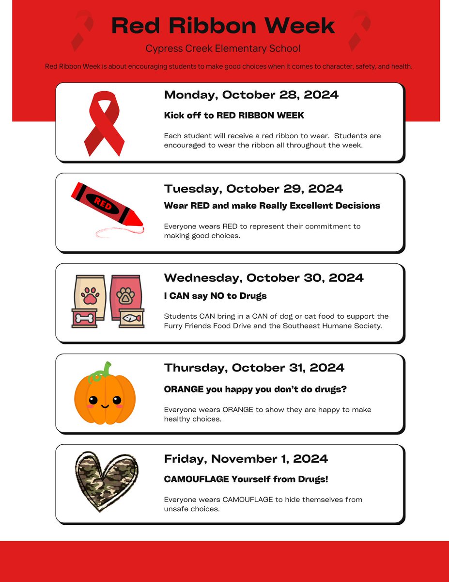 Red Ribbon Week <a href="/cypresscreekvcs/">Cypress Creek</a> is Oct 28– Nov 1!❤️ We’re excited to shine a spotlight on the positive choices our students make every day and can't wait to enjoy the spirit days and activities lined up! #RedRibbonWeek 
#OtterSuccess