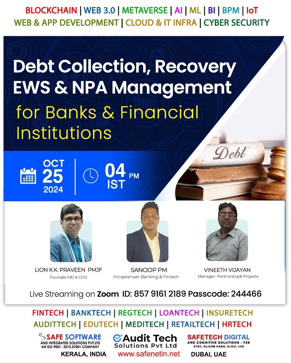 Join us for an insightful session on Debt Collection, Recovery, EWS &amp; NPA Management for Banks &amp; Financial Institutions. Explore solutions to streamline financial processes and manage NPAs effectively

Oct 25, 2024 04:00 PM IST

Join Zoom Meeting
us02web.zoom.us/j/85791612189?…
