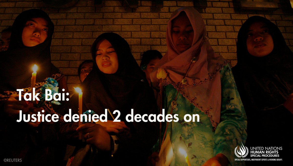 #Thailand: UN #HumanRights experts deeply troubled by the imminent expiration of the statute of limitation for the killing of 85 people by Thai security officials in 2004 Tak Bai incident, fearing it would end efforts to hold those responsible to account.

ohchr.org/en/press-relea…