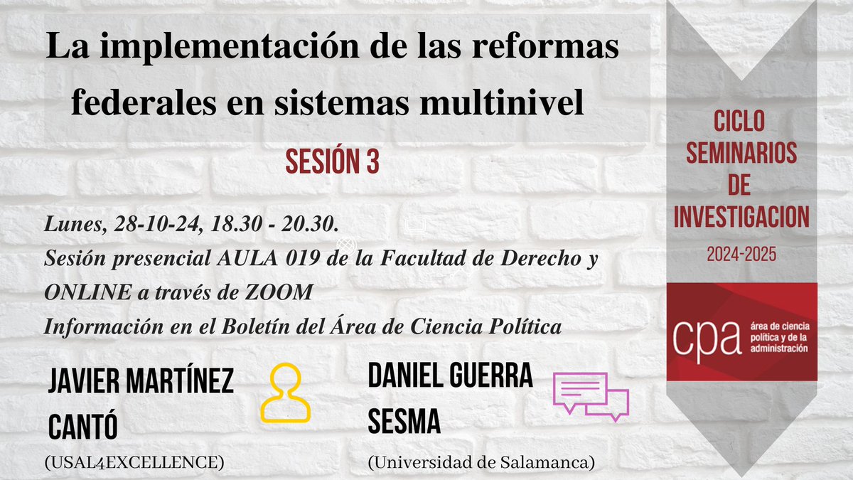 🔴 Seminario de investigación | La implementación de las reformas federales en sistemas multinivel.
🗣️Javier Martínez Cantó (<a href="/javiermcanto/">Javier Martínez-Cantó</a>)
🗨️Daniel Guerra Sesma
🗓️Lunes, 28
⏰18:30-20:00
📍Aula 019 (Facultad de Derecho)
⛓️⬇️Links