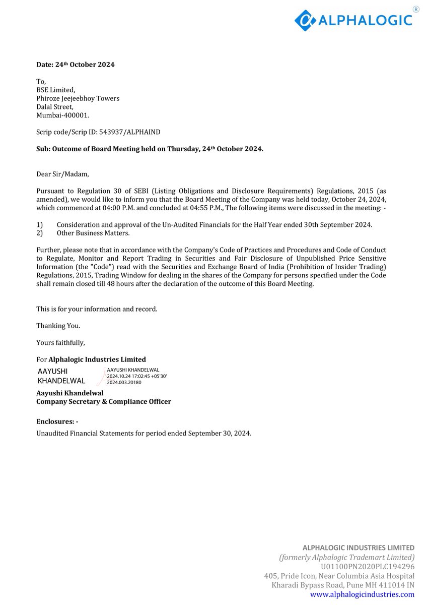 nileshkurhade's tweet photo. 📌 Alphalogic Industries Limited informed the exchange about the approval of the Un-Audited Financials for the Half Year ended 30th September 2024. #SME #ALPHAIND 📈📊 https://t.co/Gll2WV7TlB