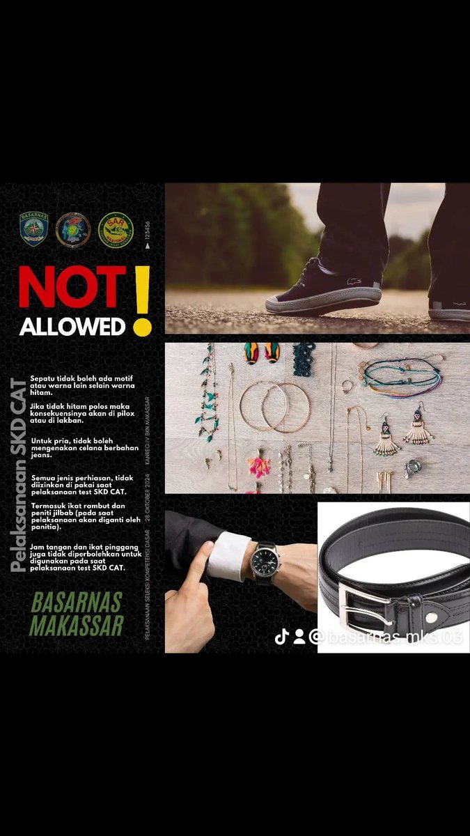 NOT ALLOWED! Mohon jadi perhatian bagi para CASN Basarnas yang akan melaksanakan test SKD CAT pada tanggal 28 Oktober 2024 di Kanreg IV BKN Makassar 💪🏼😎