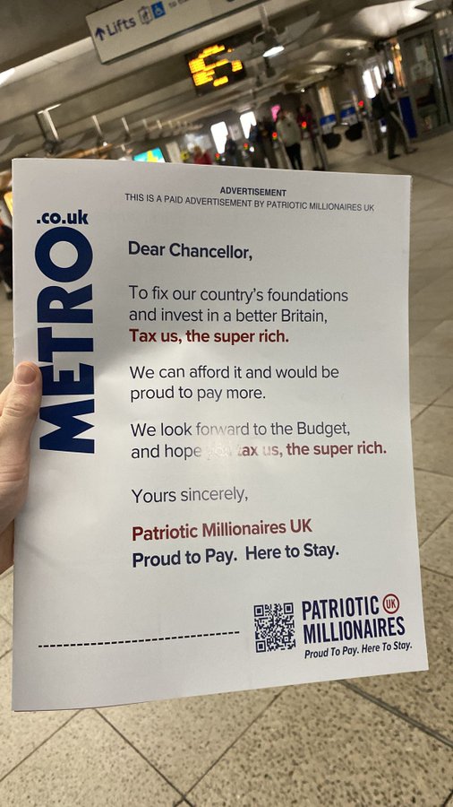 Britain_People's tweet photo. 🔴TAX: PATRIOTIC MILLIONAIRES

Dear @RachelReevesMP 

In next week's Budget, to fix inequality and invest in a better Britain, please tax us, the super rich. 

We want to let you know that we are proud to pay and here to stay.

@PatMillsUK https://t.co/MY1S8N769O