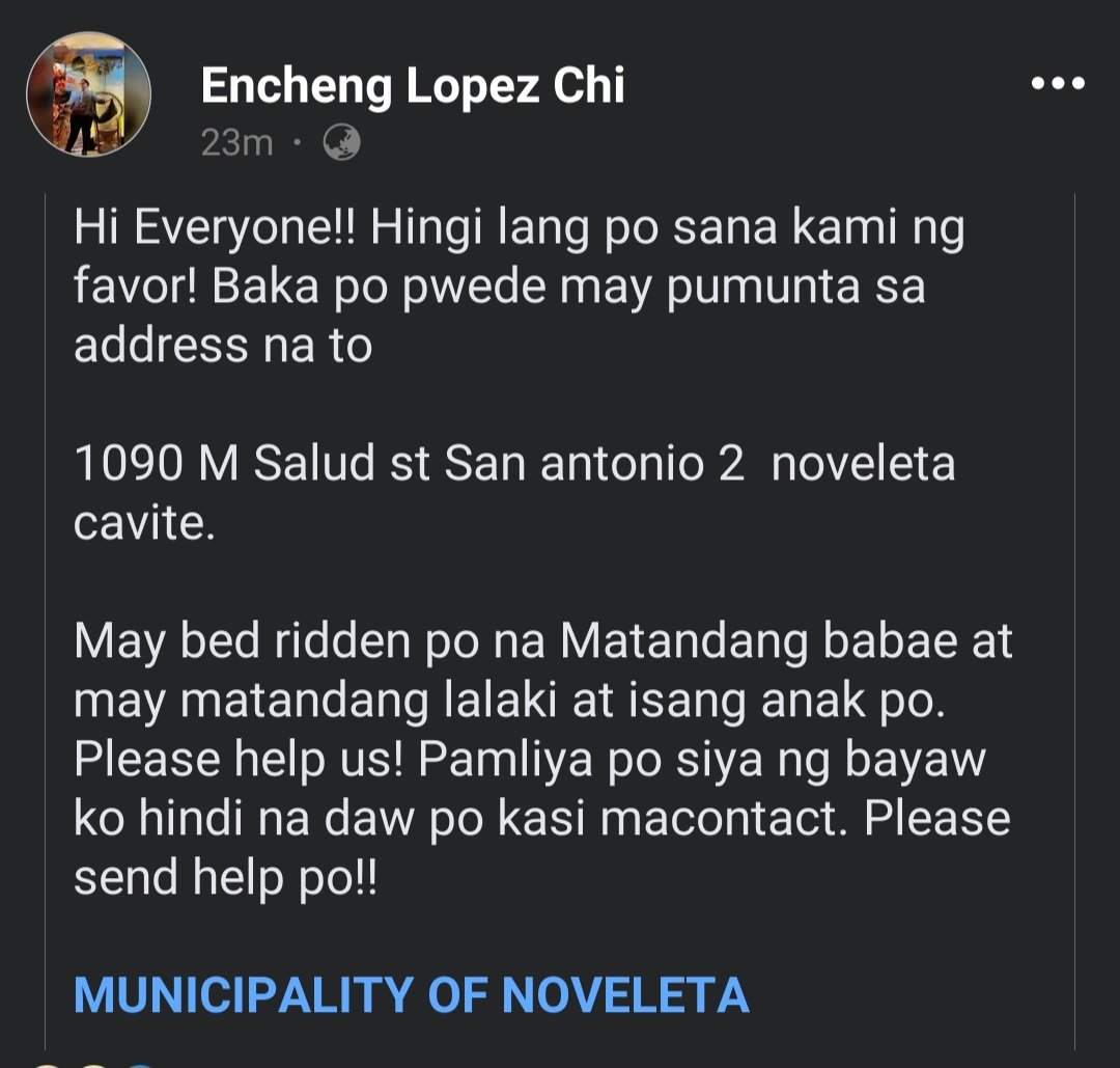 frvzumi's tweet photo. ❗NEED RESCUE❗ RT GUYS❗

May bed ridden po na Matandang babae at may matandang lalaki at isang anak po. Please help us! Pamliya po siya ng bayaw ko hindi na daw po kasi macontact. Please send help po!!

Loc: 1090 M Salud St. San antonio 2 noveleta Cavite.

#KristinePh #RescuePH https://t.co/tScawo04Cz