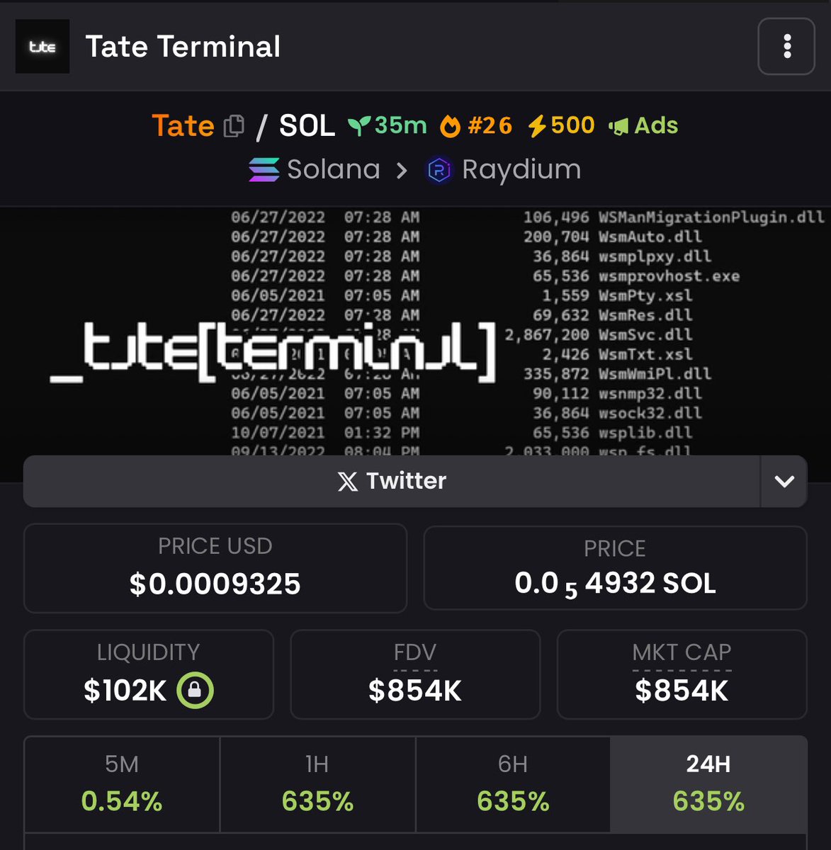 YONWORLD7's tweet image. TATE TERMINAL | $TATE

6MQ8D4XgoLTPGgkz7sbJdFzA6F6iuepFXE2BtV9npump

dexscreener.com/solana/6MQ8D4X…