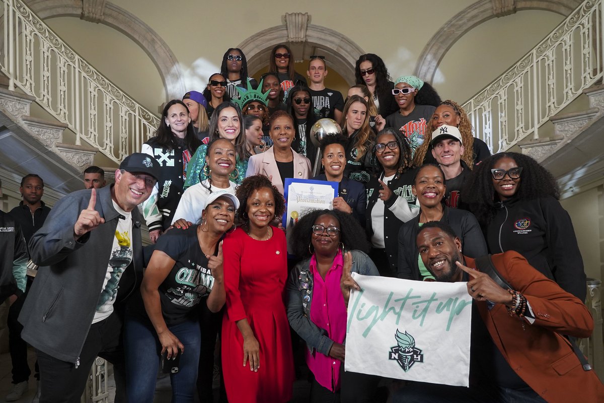 New York City Council (@nyccouncil) on Twitter photo Congratulations to our 2024 WNBA champs, the <a href="/nyliberty/">New York Liberty</a>! đź—˝
<a href="/NYCSpeakerAdams/">Adrienne Adams</a> and Council Members presented the team with a proclamation to celebrate their historic win.
The Council passed a resolution to designate every October 20th as New York Liberty Day in NYC! 🎉 Congratulations to our 2024 WNBA champs, the <a href="/nyliberty/">New York Liberty</a>! 🗽
<a href="/NYCSpeakerAdams/">Adrienne Adams</a> and Council Members presented the team with a proclamation to celebrate their historic win.
The Council passed a resolution to designate every October 20th as New York Liberty Day in NYC! 🎉