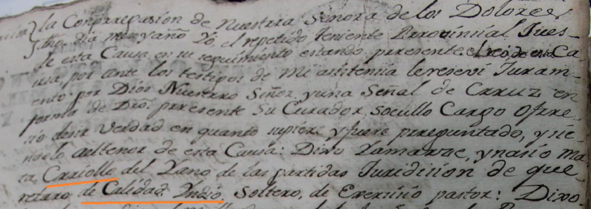 En general pensamos en "criollo" en los términos que ponía el Diccionario de la Academia en 1729, esto es "de padres españoles nacido en Indias". Pero a veces aparece esta otra opción, como "natural de....". En este caso es Ignacio Mata, nacido en Querétaro, de "calidad" indio.