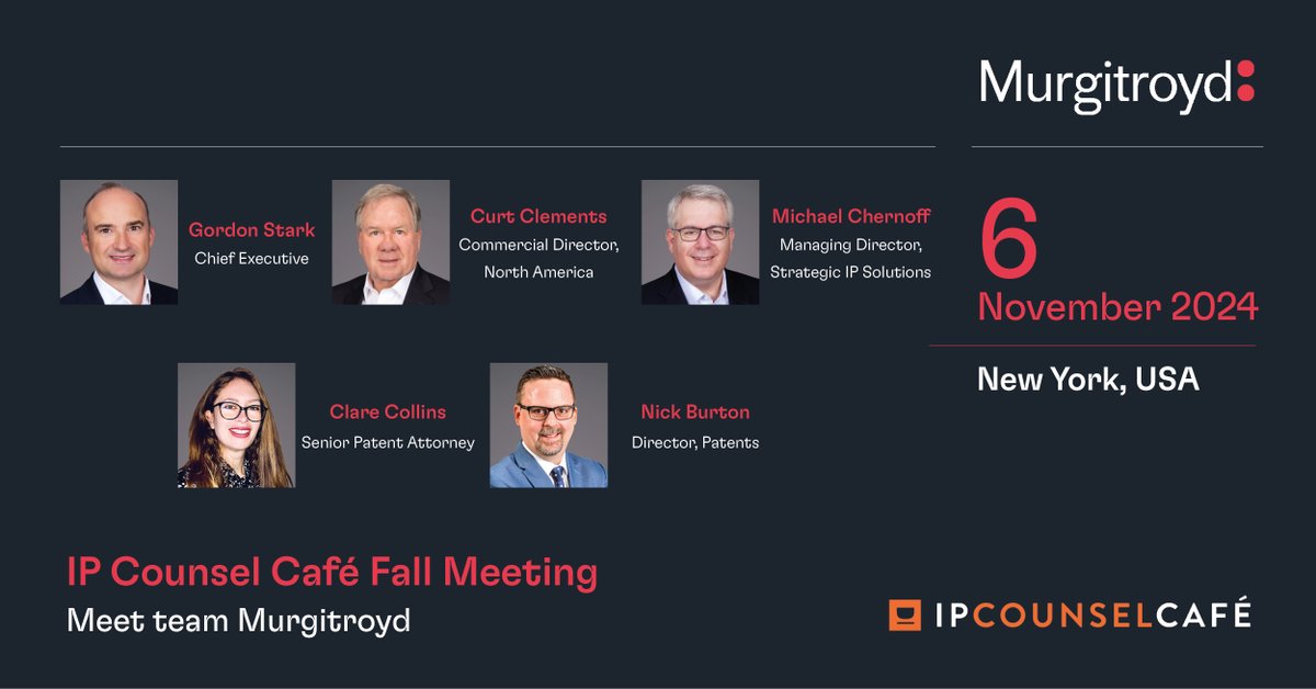Less than 2 weeks until IP Counsel Café's Fall Meeting! The Murgitroyd team are looking forward to meeting with other IP professionals and connections - are you there too? Get in touch! 👋

#IPCounselCafe #IPCC #IntellectualProperty #IP