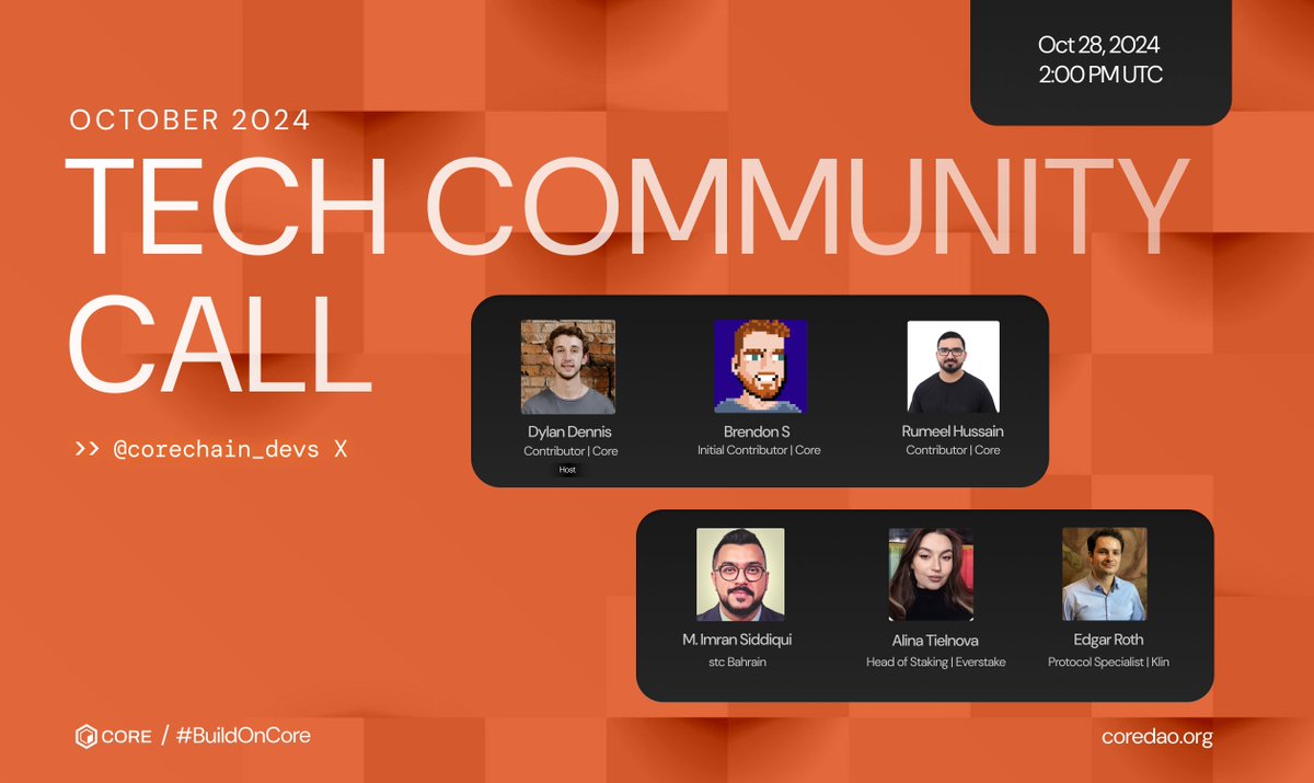 Core Builders (@corechain_devs) on Twitter photo 📢 Time for the Monthly Roundup with <a href="/Coredao_Org/">Core DAO 🔶</a>!
Mark your calendars for <a href="/Coredao_Org/">Core DAO 🔶</a>’s October Monthly Tech Community Call! Join us for exciting updates from the Core Ecosystem, plus a panel discussion on the role of validators featuring experts from <a href="/stc_bhr/">stc Bahrain</a>, <a href="/Kiln_finance/">Kiln 🧱🔥</a>, 📢 Time for the Monthly Roundup with <a href="/Coredao_Org/">Core DAO 🔶</a>!
Mark your calendars for <a href="/Coredao_Org/">Core DAO 🔶</a>’s October Monthly Tech Community Call! Join us for exciting updates from the Core Ecosystem, plus a panel discussion on the role of validators featuring experts from <a href="/stc_bhr/">stc Bahrain</a>, <a href="/Kiln_finance/">Kiln 🧱🔥</a>,