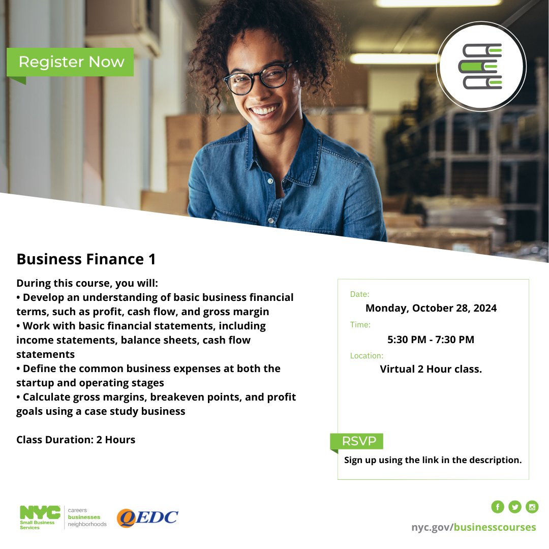 Financial management can be the most intimidating part of running a business. The goal of this course is to reveal that it need not be.
Intended for entrepreneurs unfamiliar with business financial management, RSVP: queensny.org/event/business…