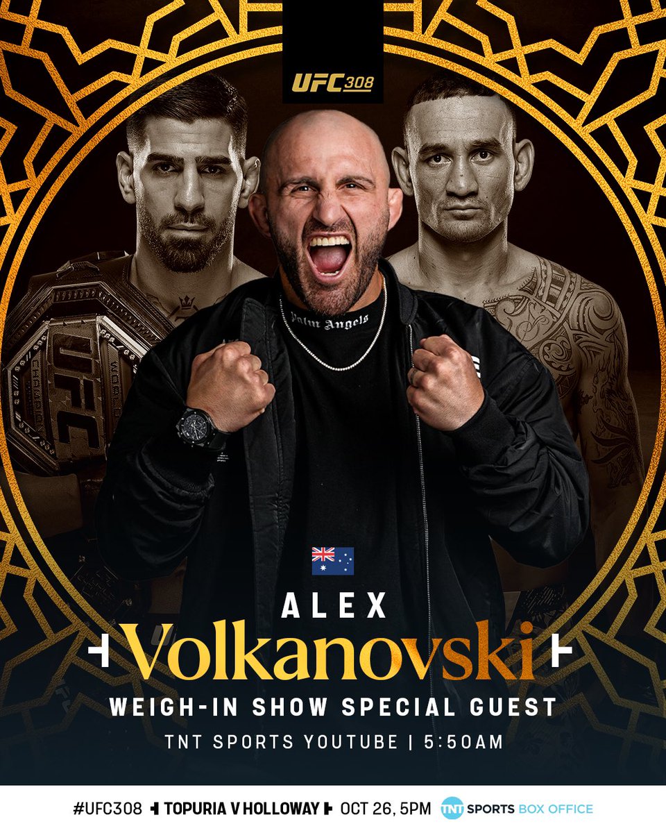 UFC on TNT Sports (@ufcontnt) on Twitter photo 🚨 Alex Volkanovski joins <a href="/AdamCatterall/">Adam Catterall</a> and <a href="/Peety_Editor/">Nick Peet</a> as a special guest for our #UFC308 LIVE Weigh-in Show 🎙️
LIVE at 5:50AM (BST) on TNT Sports YouTube ▶️
Submit your QUESTIONS for <a href="/alexvolkanovski/">Alex Volkanovski</a> below 👇 🚨 Alex Volkanovski joins <a href="/AdamCatterall/">Adam Catterall</a> and <a href="/Peety_Editor/">Nick Peet</a> as a special guest for our #UFC308 LIVE Weigh-in Show 🎙️
LIVE at 5:50AM (BST) on TNT Sports YouTube ▶️
Submit your QUESTIONS for <a href="/alexvolkanovski/">Alex Volkanovski</a> below 👇