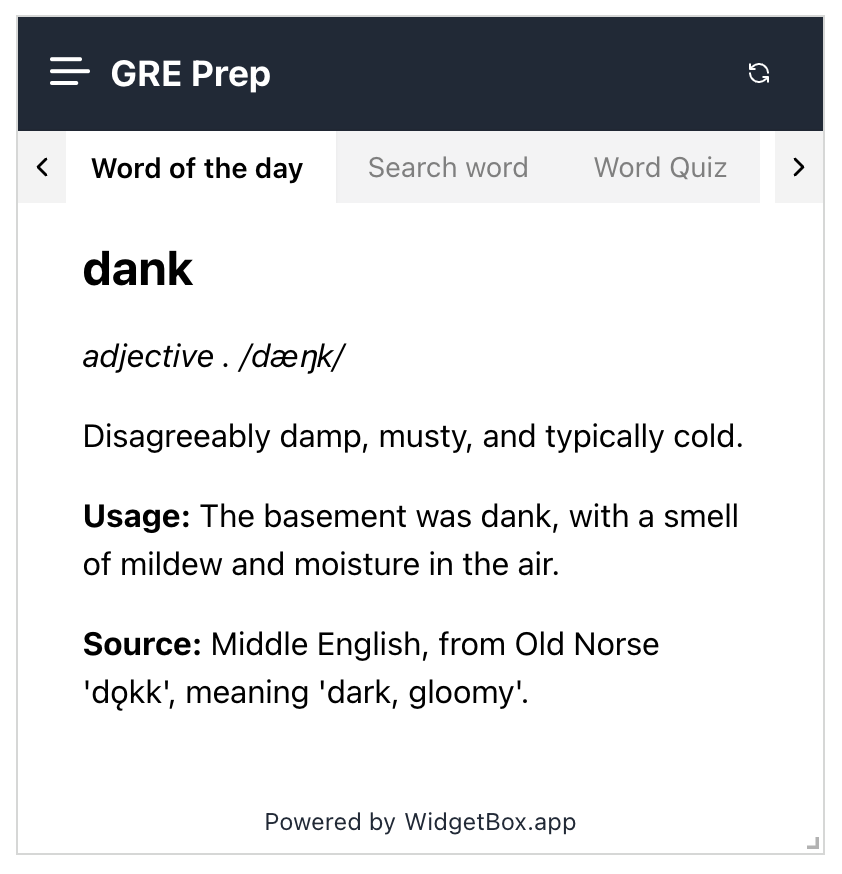 BoxWidget's tweet image. Introducing our AI-powered vocabulary widget designed to elevate your English skills! Uncover new words, delve into usage examples, and challenge yourself with daily word quiz. Perfect for #GREPrep!

Get it at widgetbox.app