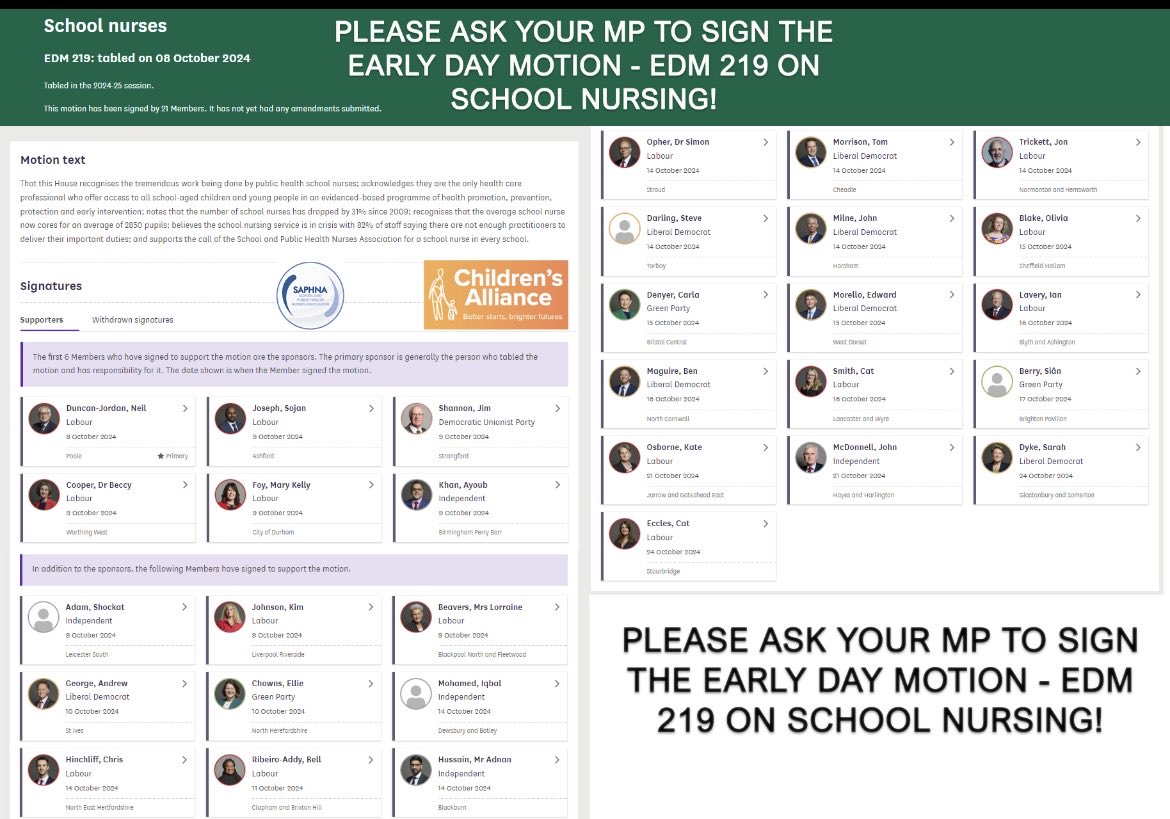 We’re edging ever forwards towards a parliamentary debate on the state of School Nursing! Please encourage MP’s to add their support. ⁦<a href="/WeSchoolNurses/">WeSchoolNurses 💙</a>⁩ ⁦<a href="/ph_affairs/">PHAffairs</a>⁩