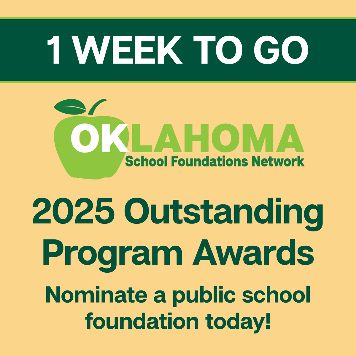 There’s only ONE WEEK left to nominate an Oklahoma public school foundation for the Outstanding Program Awards! Anyone knowledgeable about the foundation, including board members, can make a nomination. 

To make a nomination, visit loom.ly/efq0NMU #oklaed