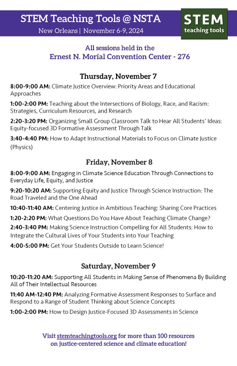 philiplbell's tweet image. PLS RT—The @STEMTeachTools team @UWCollegeOfEd  is excited to host 13 sessions at the upcoming @NSTA NOLA conference Nov 7-9

Please share this info w/ colleagues &amp;amp; join us if you are attending. Location: Convention Center Room 276. #NSFFunded

DETAILS
🌿 my.nsta.org/conferences/se…