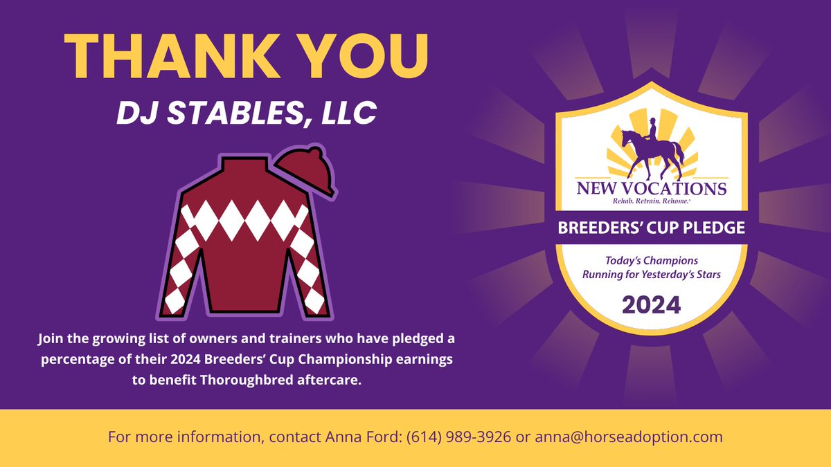New Vocations (@newvocations) on Twitter photo Thank you DJ Stables, LLC for joining the 15th Annual New Vocations <a href="/BreedersCup/">Breeders' Cup</a> Pledge! #Pledge4Aftercare <a href="/DJ_Stable/">DJ Stable</a> <a href="/TheGreenGroupCo/">The Green Group</a> <a href="/rail_talk/">Rail Talk</a> Thank you DJ Stables, LLC for joining the 15th Annual New Vocations <a href="/BreedersCup/">Breeders' Cup</a> Pledge! #Pledge4Aftercare <a href="/DJ_Stable/">DJ Stable</a> <a href="/TheGreenGroupCo/">The Green Group</a> <a href="/rail_talk/">Rail Talk</a>