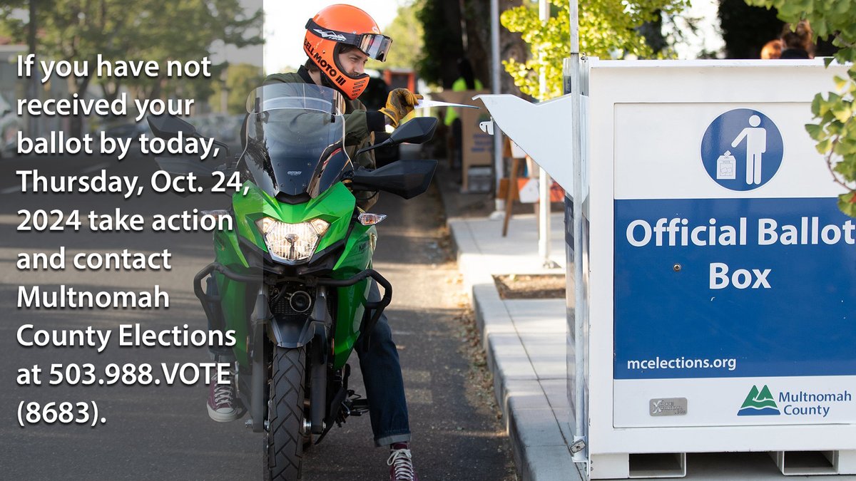 multco's tweet photo. 📢BIG SHARE: All eligible voters should have received their ballots for the Nov. 5, 2024, general election. Contact @MultCoElections as soon as possible if you have not yet received your ballot by mail or if you need a replacement ballot: 503-988-VOTE 8683 https://t.co/ProZ5d07G5 https://t.co/dY44PLJ0nH