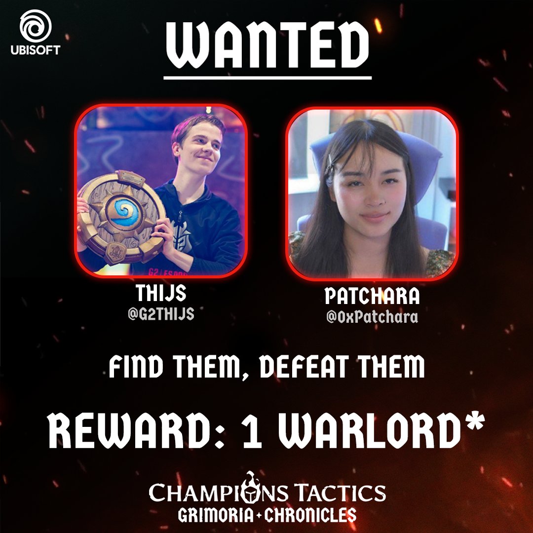 - 𝗪𝗔𝗡𝗧𝗘𝗗 -

@G2Thijs &amp; <a href="/0xPatchara/">Patchara 🌱</a> both have a bounty on their head...🎯 
You've got until Sunday 27th to defeat them during one of their streams to get a Warlord👀

Post the video of your victory in our Discord to get your reward. 
More info on Discord: