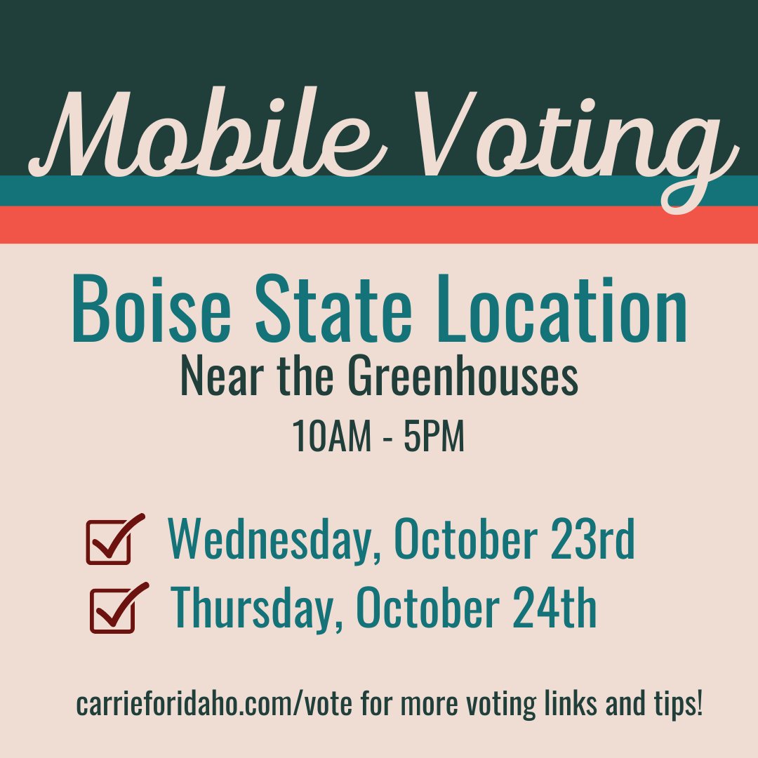 Boise State Students, the Mobile Voting Unit will be on campus by the greenhouses today. The trailer will be there from 10AM till 5PM. Go lock in your vote today!