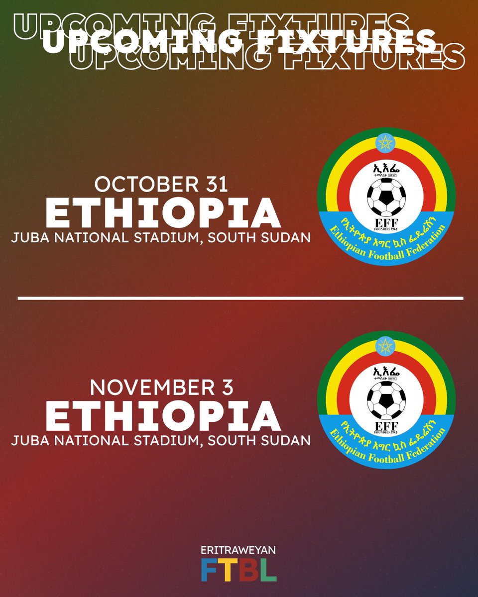 Eritrean football is BACK!

Eritrea will play a pair of African Nations Championship qualifiers against Ethiopia on October 31 and November 3!

All participating nations in the CHAN must only use local players, so there will be no diaspora players in the squad.