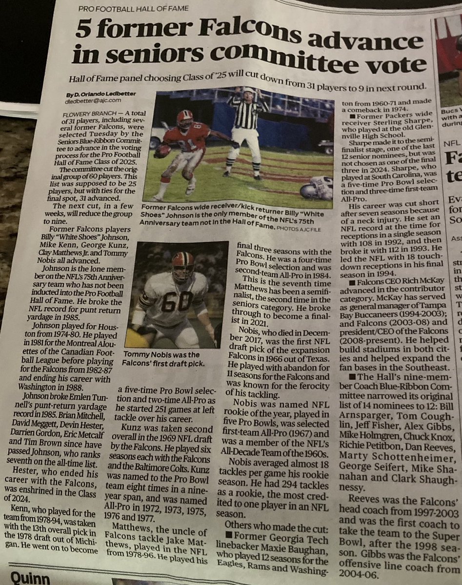 Glad to see my old teammate Tommy Nobis made the cut for Pro FB HOF and Mike Kenn … but it is a travesty that Nobis is not in the Hall of Fame, but it depended on the team you played on , growing up there were 5 LB’s 4 are in the HOF , Butkus,Lanier,Niske,  Bonicoti not Nobis.🙏