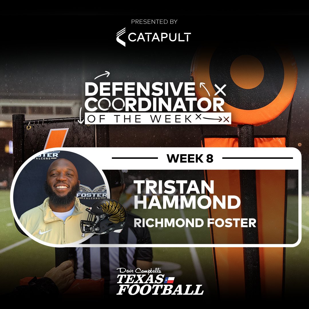 Congratulations to Richmond Foster High School’s Coach Tristan Hammond for being our Week 8 Defensive Coordinator of the week presented by @Catapult!
@fosterFootball
#dctf #txhsfb