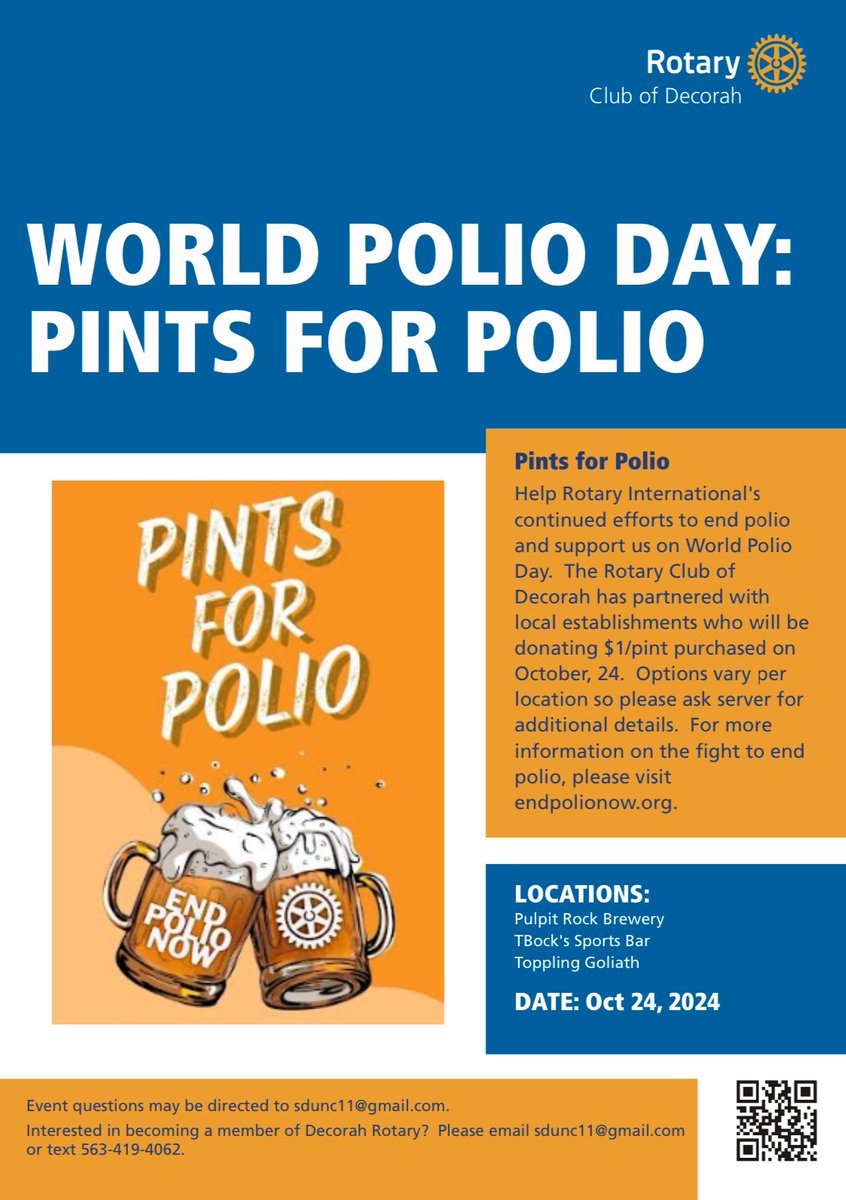 Today is World Polio Day. Please join us in supporting the fight to end polio with Rotary of Decorah’s “Pints for Polio” fundraiser. We are donating $1 per pint of beer purchased all day today!!! So drink up (responsibly) and support a worthy cause.